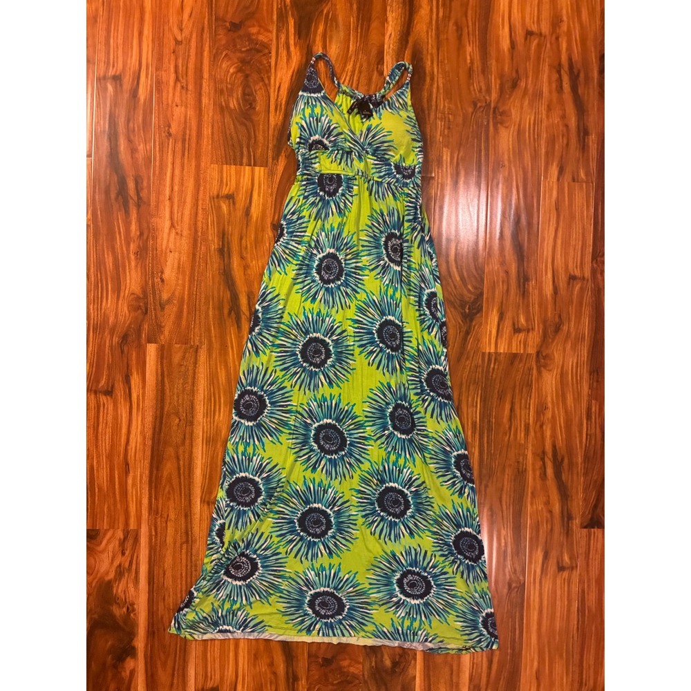 New Directions Lime Green Blue Floral Maxi Dress Empire Waist Beaded Strap Small